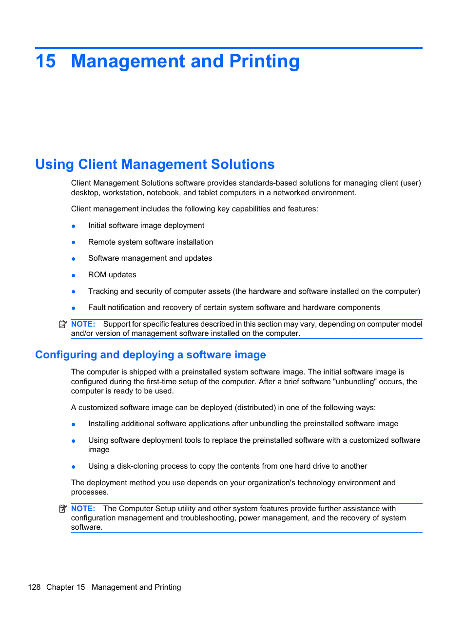 Management and printing, Using client management solutions, Configuring and deploying a software image | 15 management and printing | HP ProBook 5220m Notebook PC User Manual | Page 140 / 147