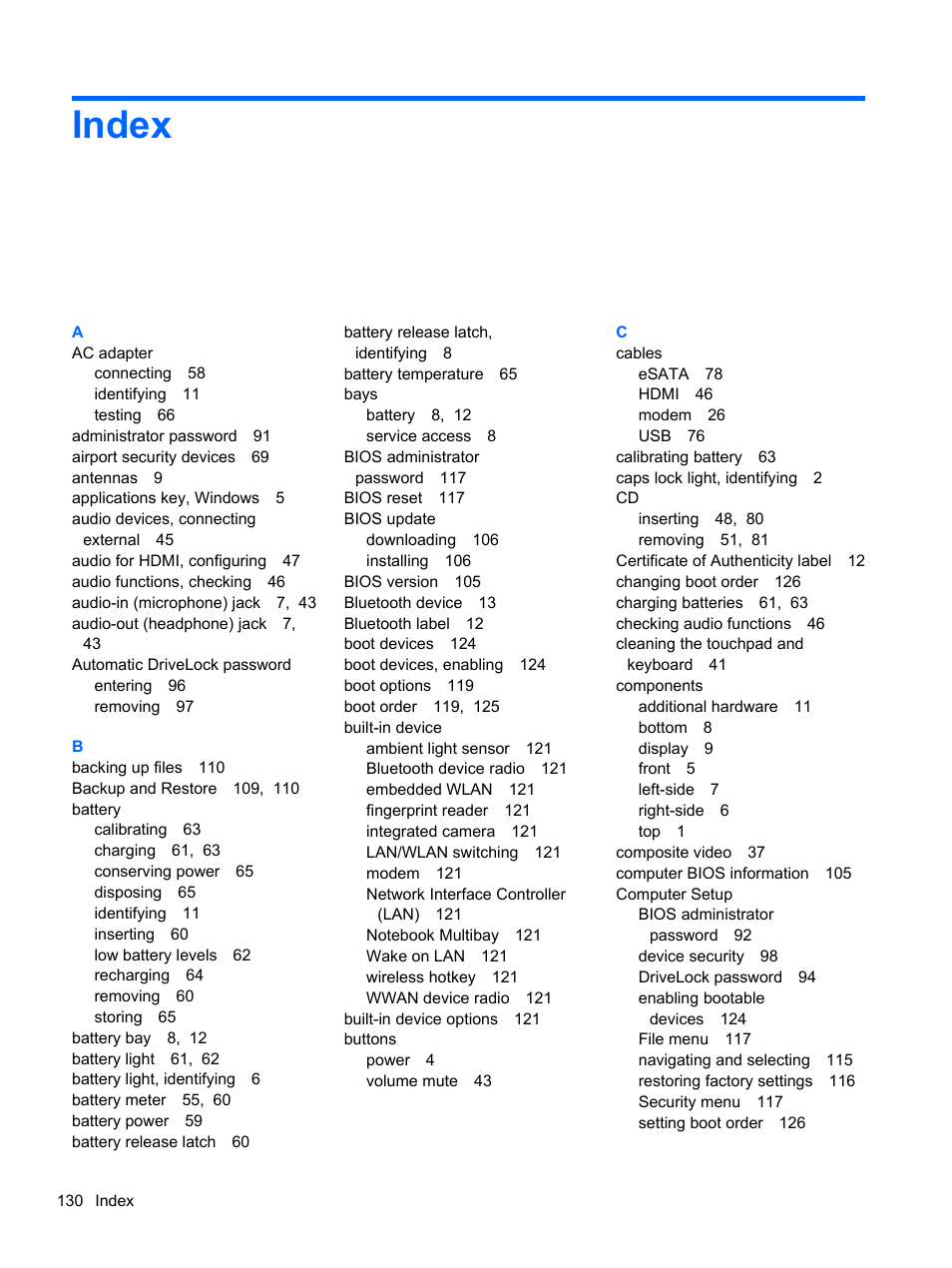 Index | HP ProBook 5220m Notebook PC User Manual | Page 142 / 147