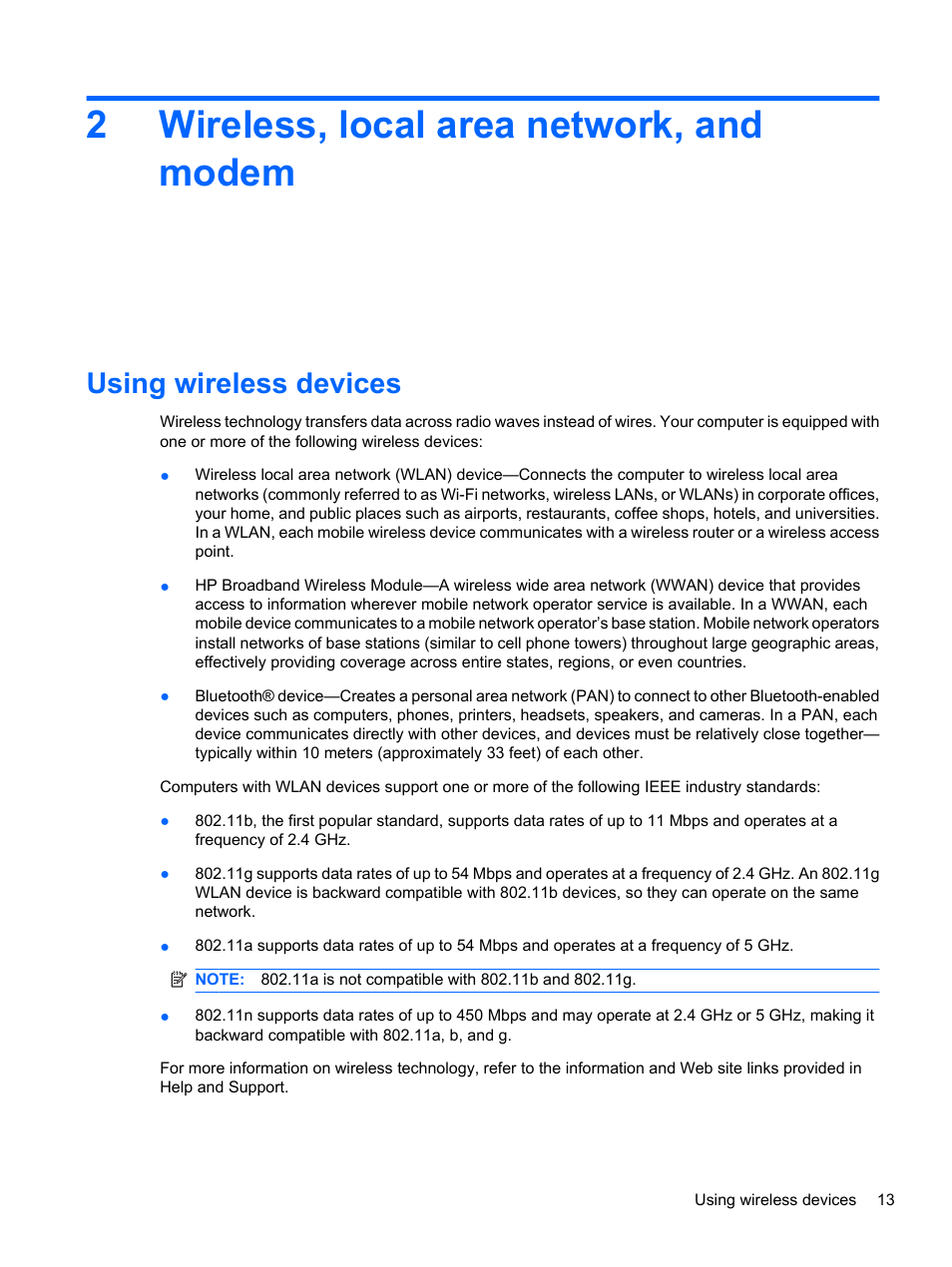 Wireless, local area network, and modem, Using wireless devices, 2 wireless, local area network, and modem | 2wireless, local area network, and modem | HP ProBook 5220m Notebook PC User Manual | Page 25 / 147