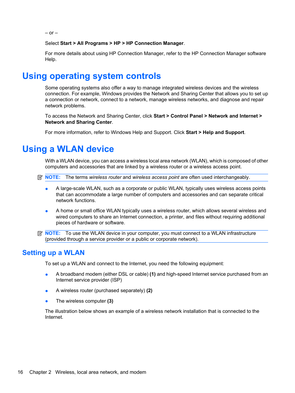 Using operating system controls, Using a wlan device, Setting up a wlan | HP ProBook 5220m Notebook PC User Manual | Page 28 / 147