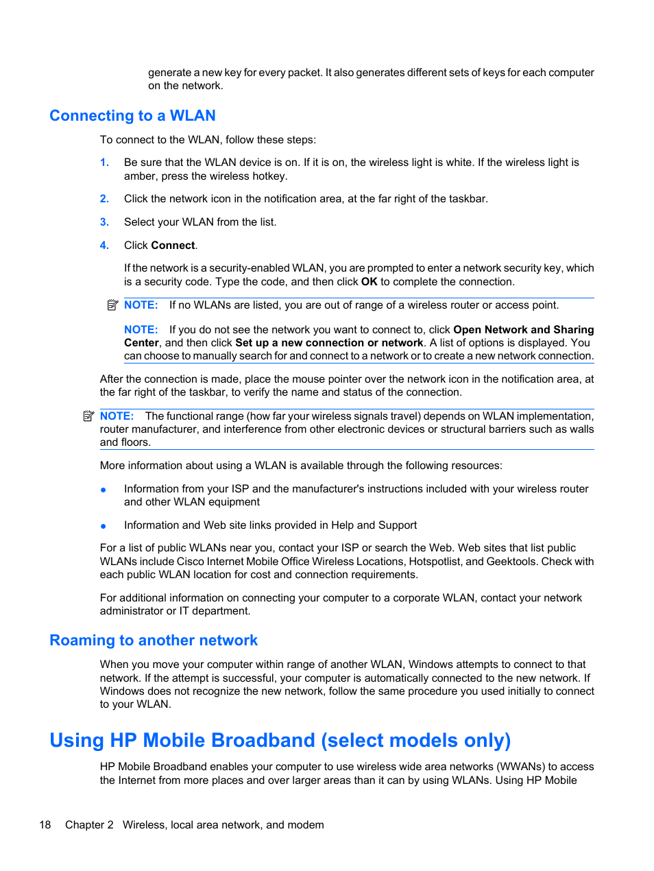 Connecting to a wlan, Roaming to another network, Using hp mobile broadband (select models only) | Connecting to a wlan roaming to another network | HP ProBook 5220m Notebook PC User Manual | Page 30 / 147