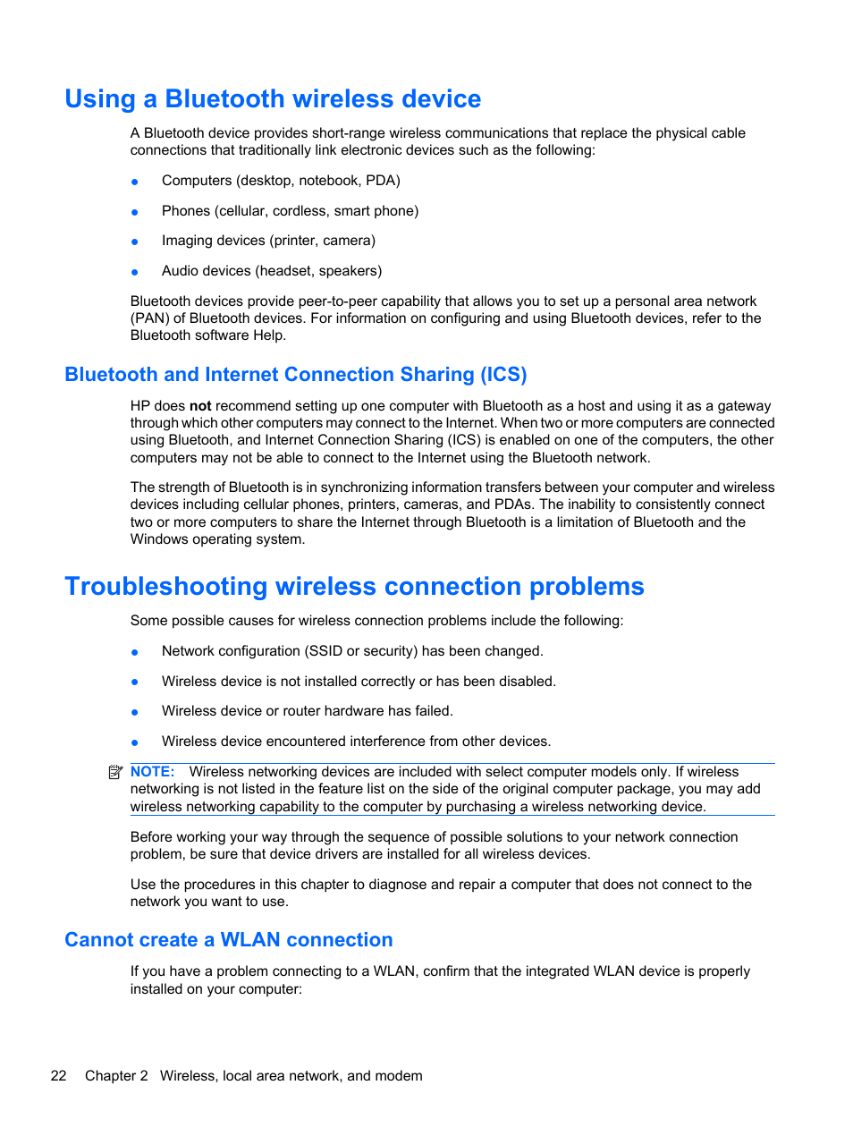 Using a bluetooth wireless device, Bluetooth and internet connection sharing (ics), Troubleshooting wireless connection problems | Cannot create a wlan connection | HP ProBook 5220m Notebook PC User Manual | Page 34 / 147