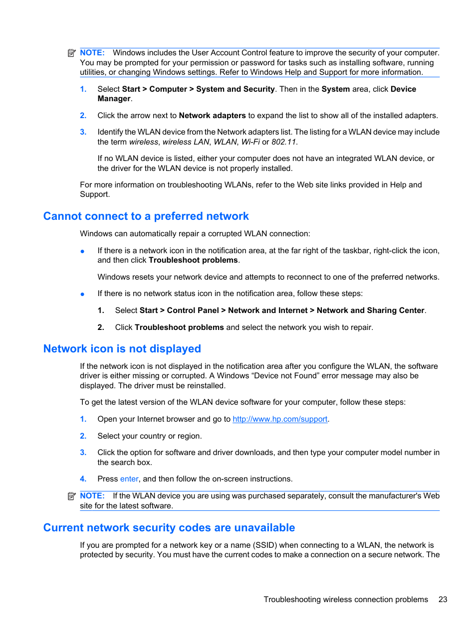 Cannot connect to a preferred network, Network icon is not displayed, Current network security codes are unavailable | HP ProBook 5220m Notebook PC User Manual | Page 35 / 147