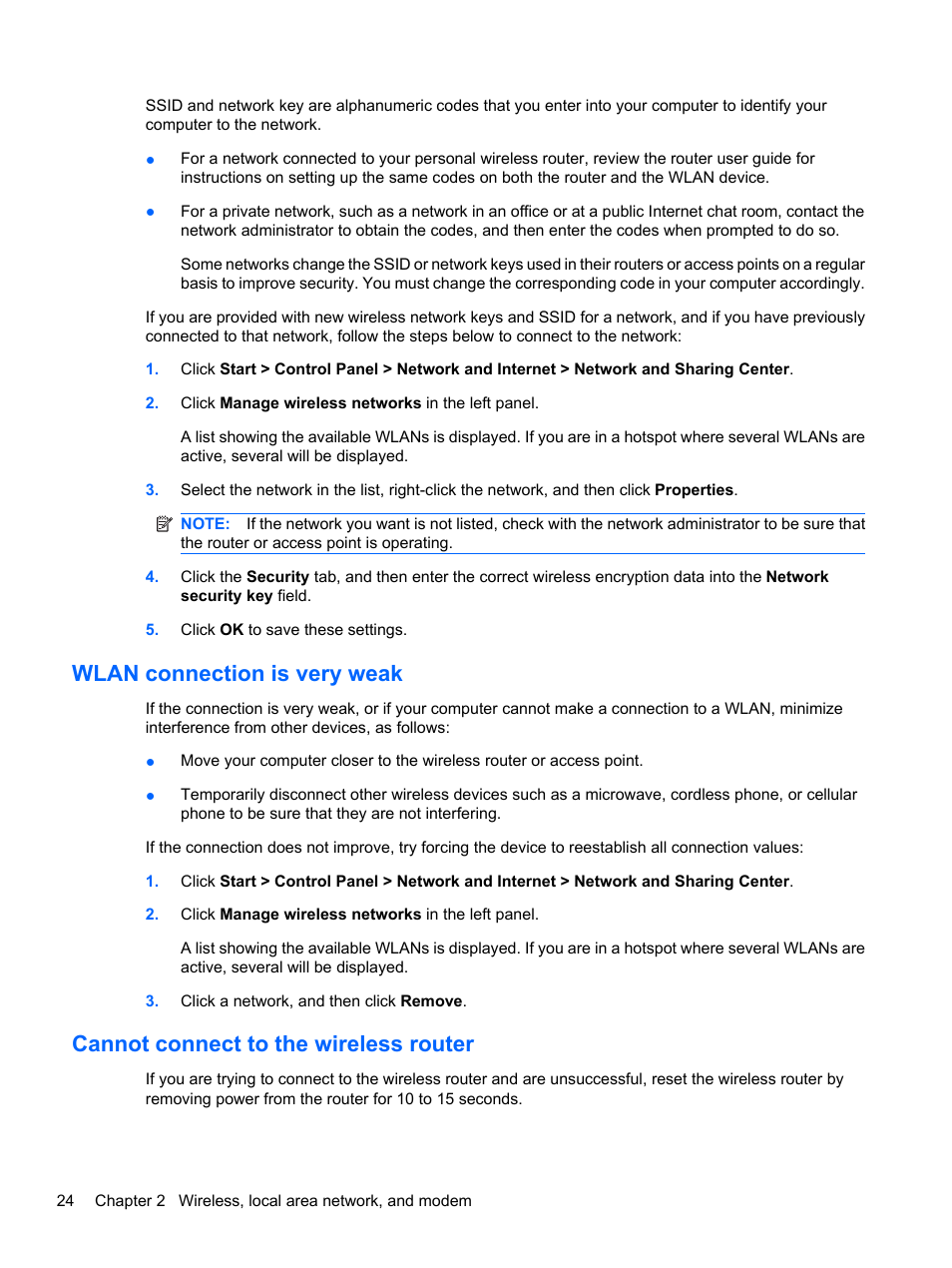 Wlan connection is very weak, Cannot connect to the wireless router | HP ProBook 5220m Notebook PC User Manual | Page 36 / 147