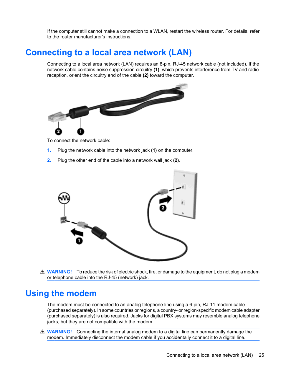 Connecting to a local area network (lan), Using the modem | HP ProBook 5220m Notebook PC User Manual | Page 37 / 147