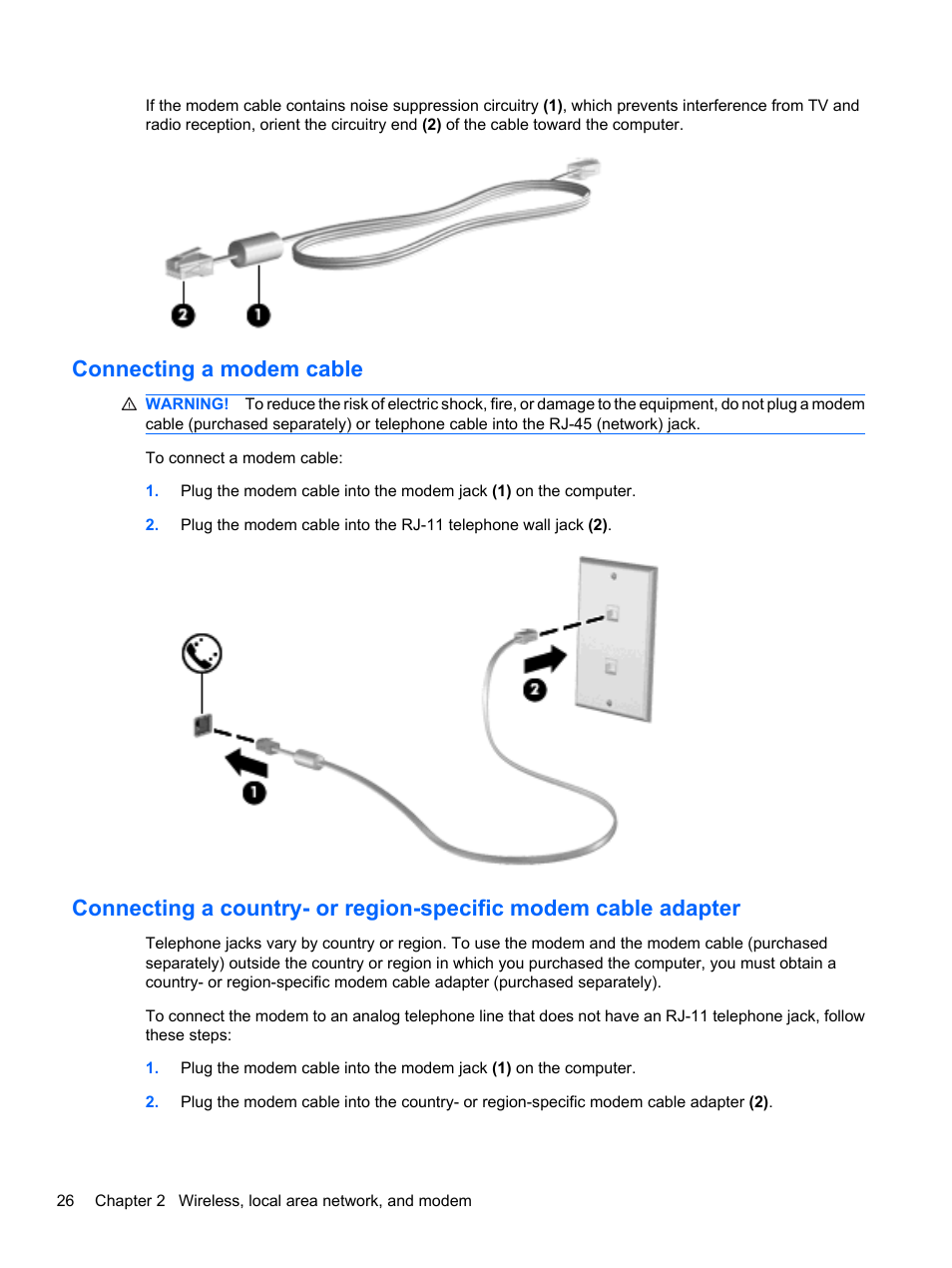 Connecting a modem cable | HP ProBook 5220m Notebook PC User Manual | Page 38 / 147