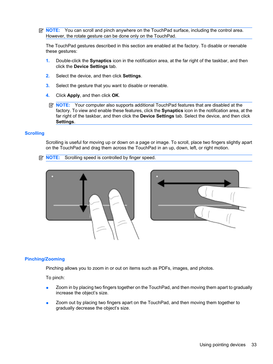 Scrolling, Pinching/zooming, Scrolling pinching/zooming | HP ProBook 5220m Notebook PC User Manual | Page 45 / 147