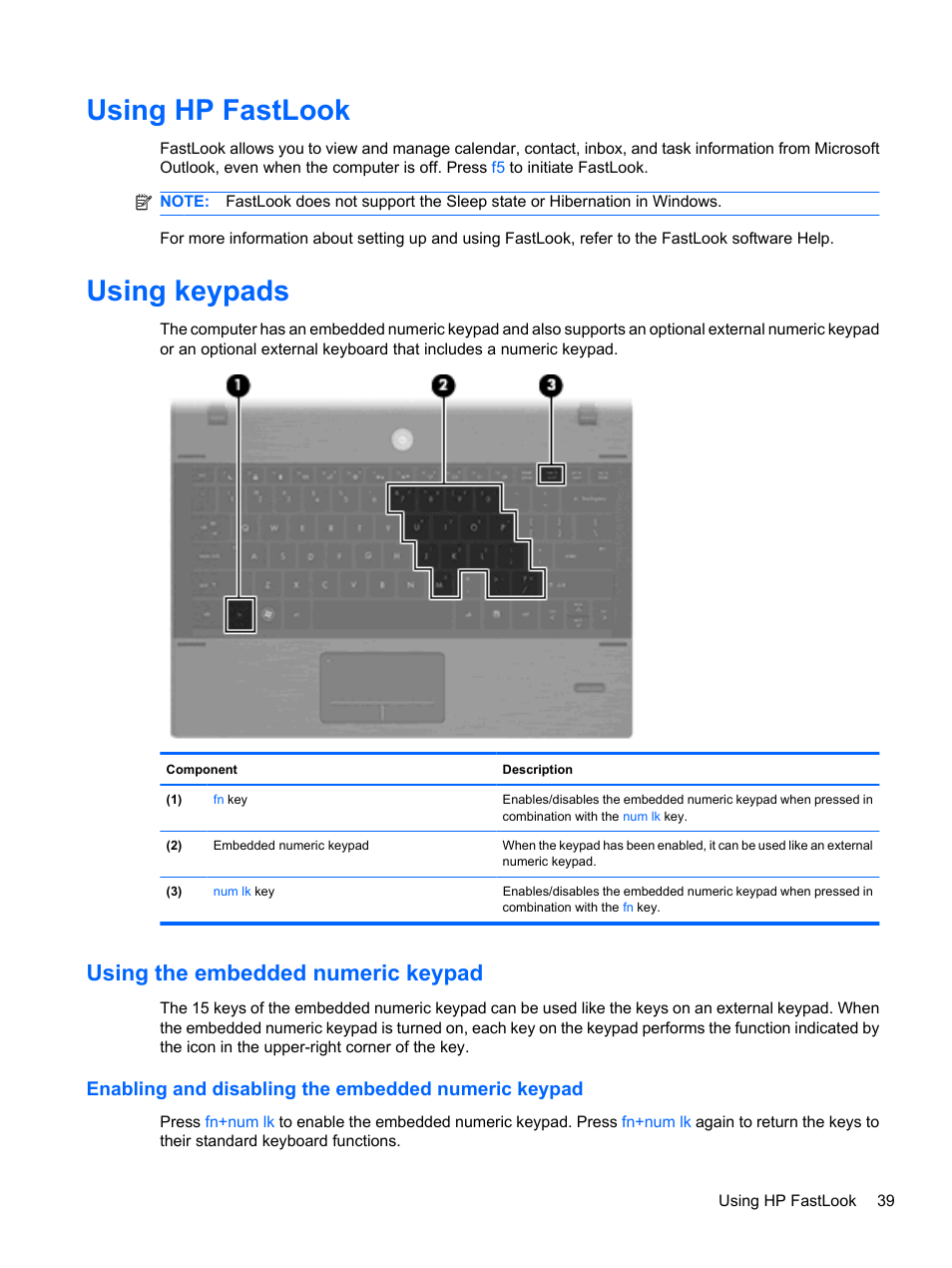 Using hp fastlook, Using keypads, Using the embedded numeric keypad | Enabling and disabling the embedded numeric keypad, Using hp fastlook using keypads | HP ProBook 5220m Notebook PC User Manual | Page 51 / 147