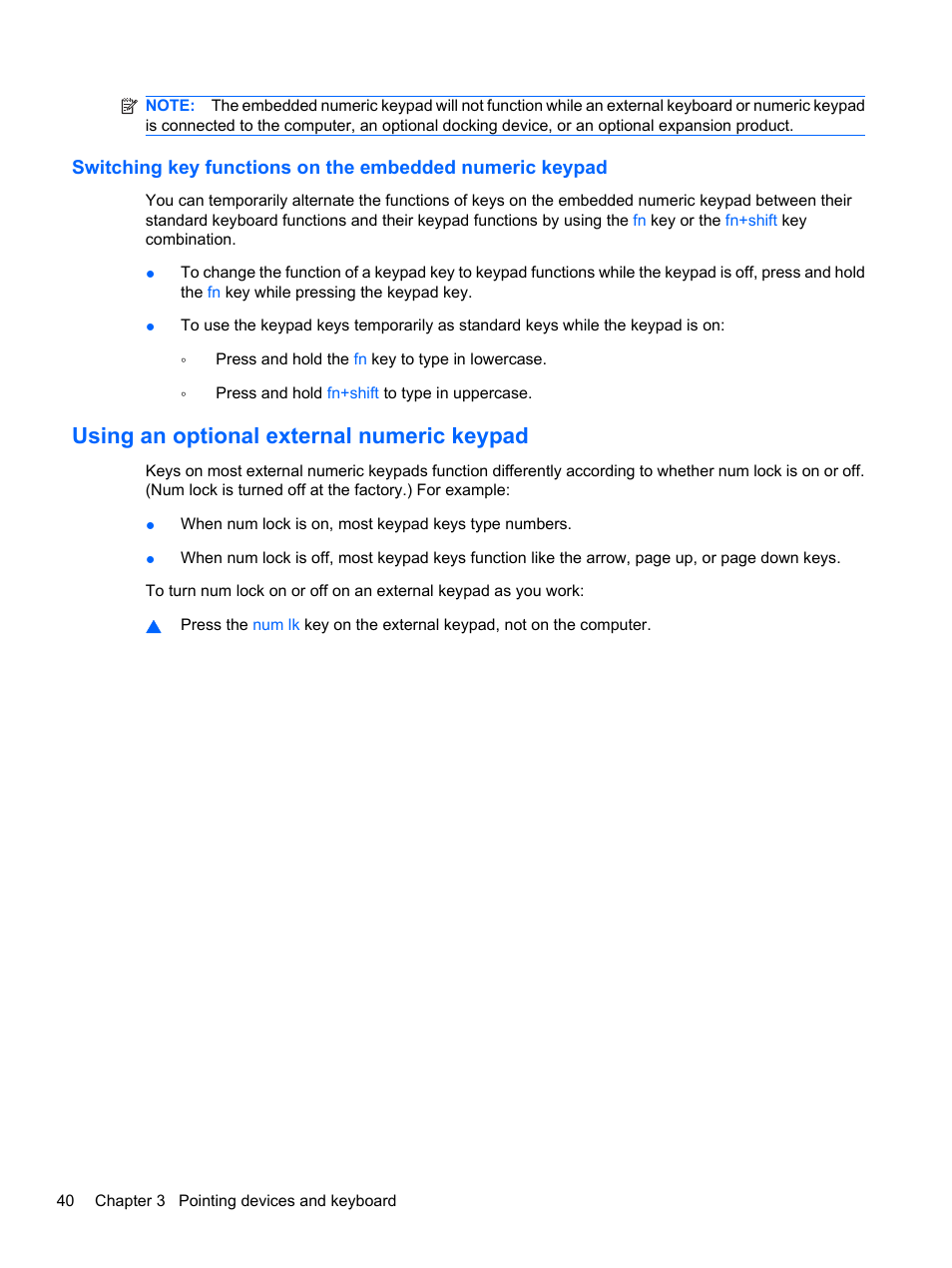 Using an optional external numeric keypad | HP ProBook 5220m Notebook PC User Manual | Page 52 / 147