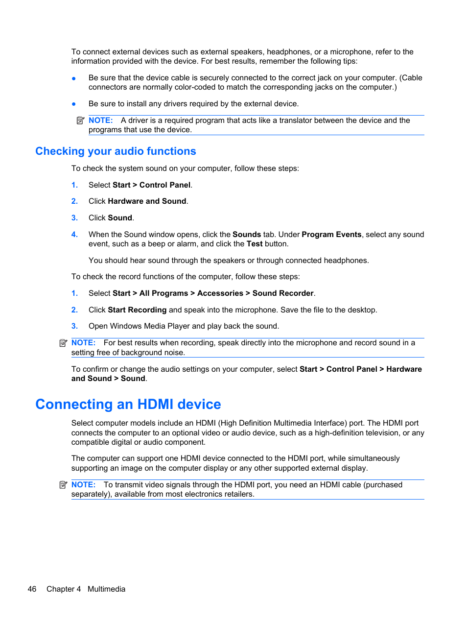 Checking your audio functions, Connecting an hdmi device | HP ProBook 5220m Notebook PC User Manual | Page 58 / 147