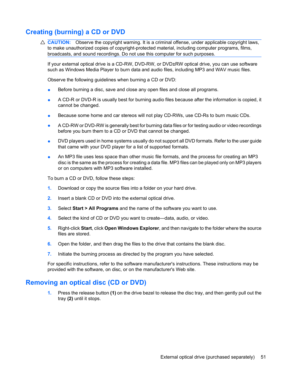 Creating (burning) a cd or dvd, Removing an optical disc (cd or dvd) | HP ProBook 5220m Notebook PC User Manual | Page 63 / 147
