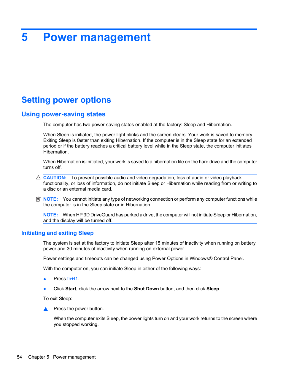 Power management, Setting power options, Using power-saving states | Initiating and exiting sleep, 5 power management, 5power management | HP ProBook 5220m Notebook PC User Manual | Page 66 / 147