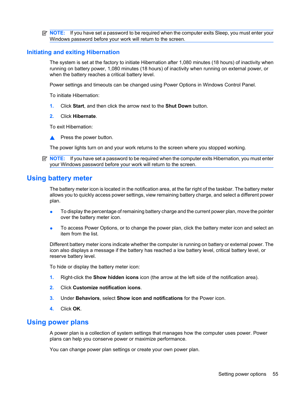 Initiating and exiting hibernation, Using battery meter, Using power plans | Using battery meter using power plans | HP ProBook 5220m Notebook PC User Manual | Page 67 / 147