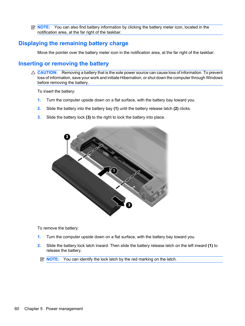 Displaying the remaining battery charge, Inserting or removing the battery | HP ProBook 5220m Notebook PC User Manual | Page 72 / 147