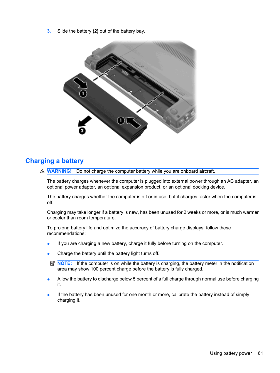 Charging a battery | HP ProBook 5220m Notebook PC User Manual | Page 73 / 147