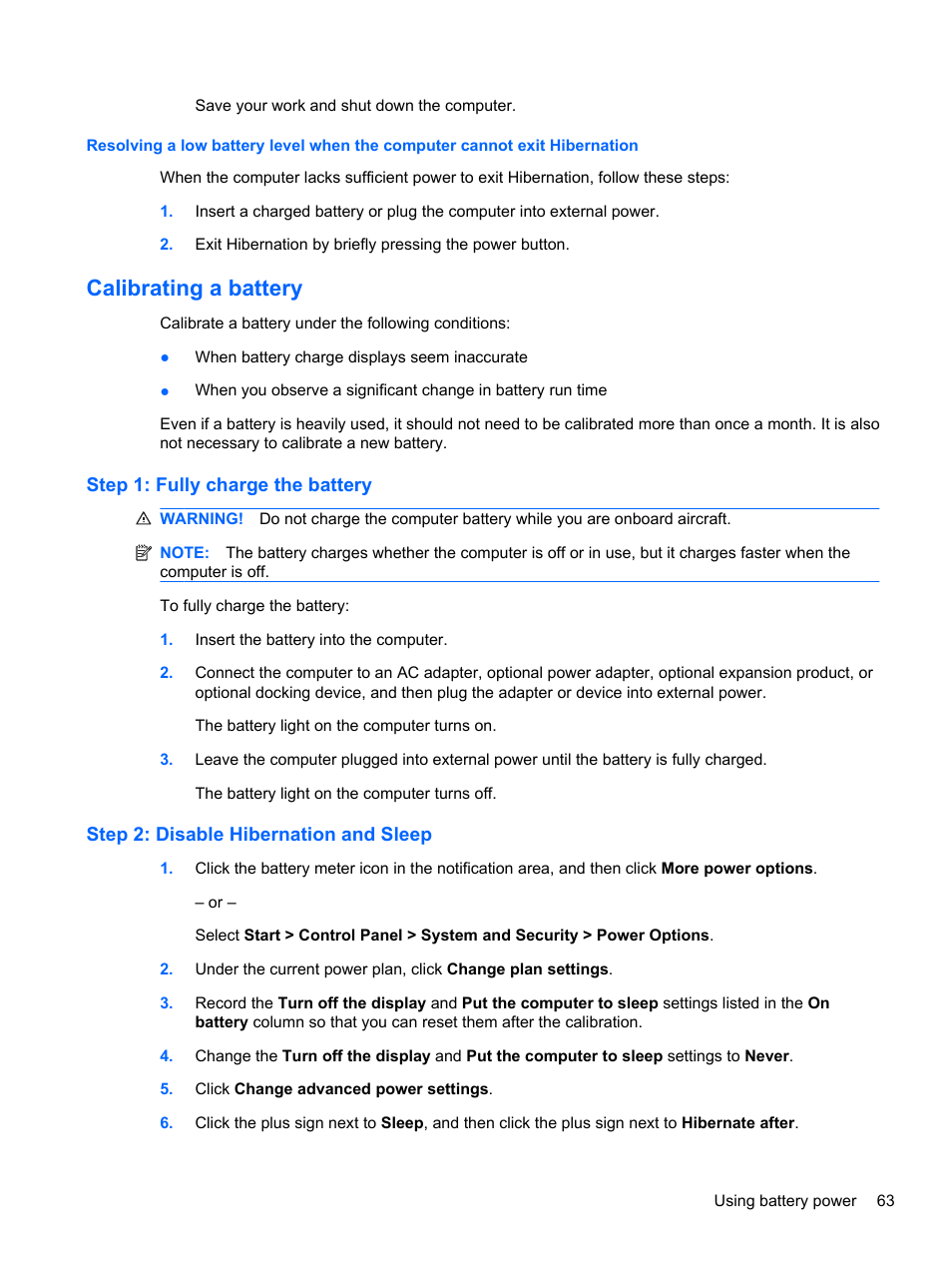 Calibrating a battery, Step 1: fully charge the battery, Step 2: disable hibernation and sleep | HP ProBook 5220m Notebook PC User Manual | Page 75 / 147