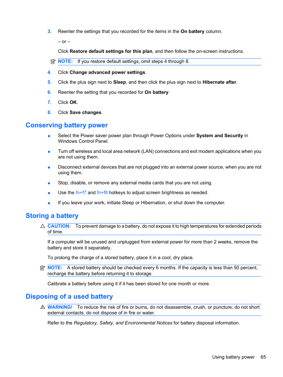 Conserving battery power, Storing a battery, Disposing of a used battery | HP ProBook 5220m Notebook PC User Manual | Page 77 / 147