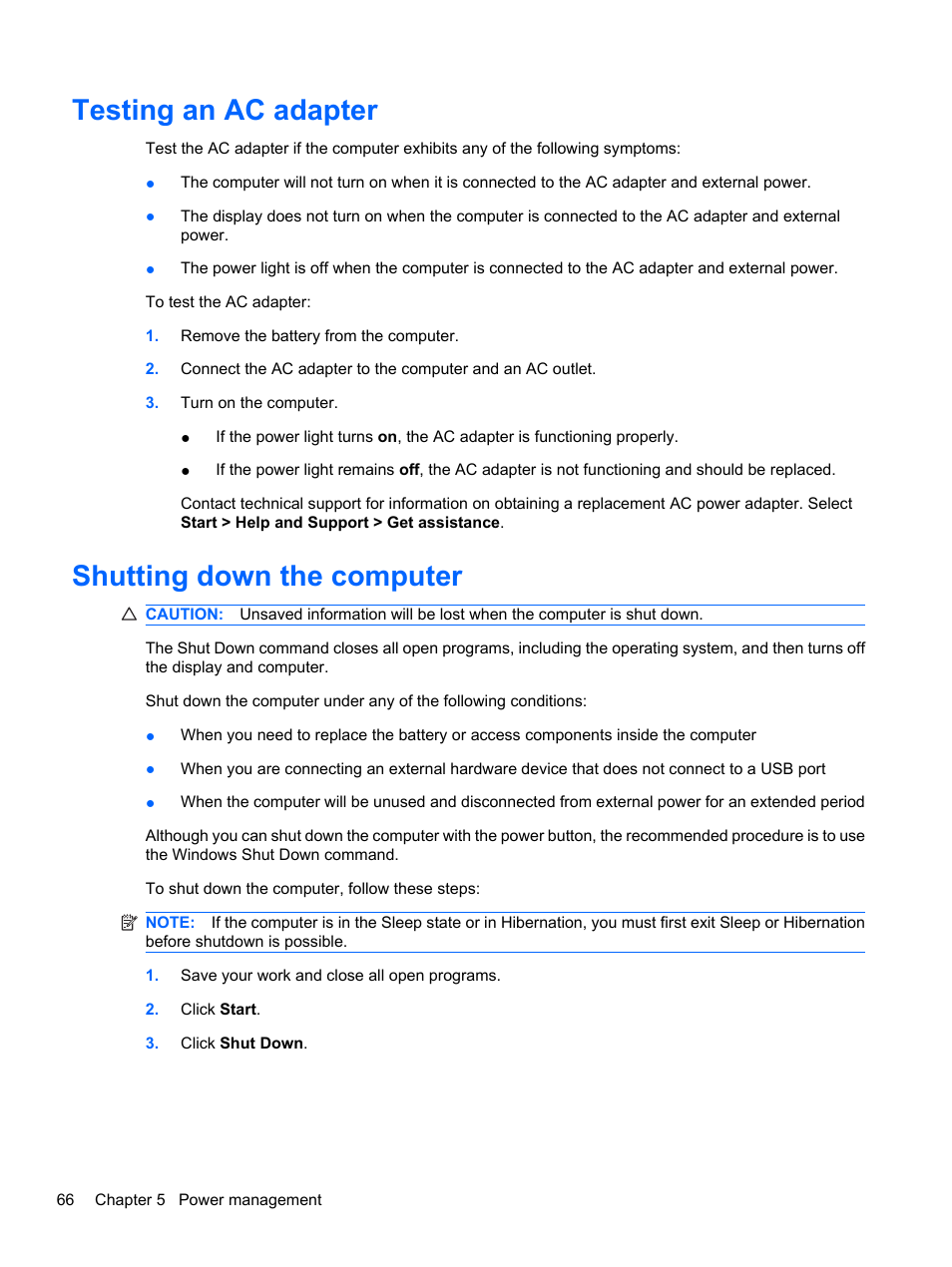 Testing an ac adapter, Shutting down the computer, Testing an ac adapter shutting down the computer | HP ProBook 5220m Notebook PC User Manual | Page 78 / 147