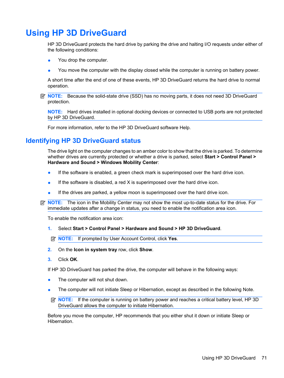 Using hp 3d driveguard, Identifying hp 3d driveguard status | HP ProBook 5220m Notebook PC User Manual | Page 83 / 147
