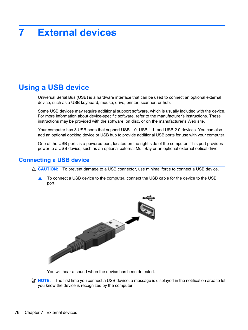 External devices, Using a usb device, Connecting a usb device | 7 external devices, 7external devices | HP ProBook 5220m Notebook PC User Manual | Page 88 / 147