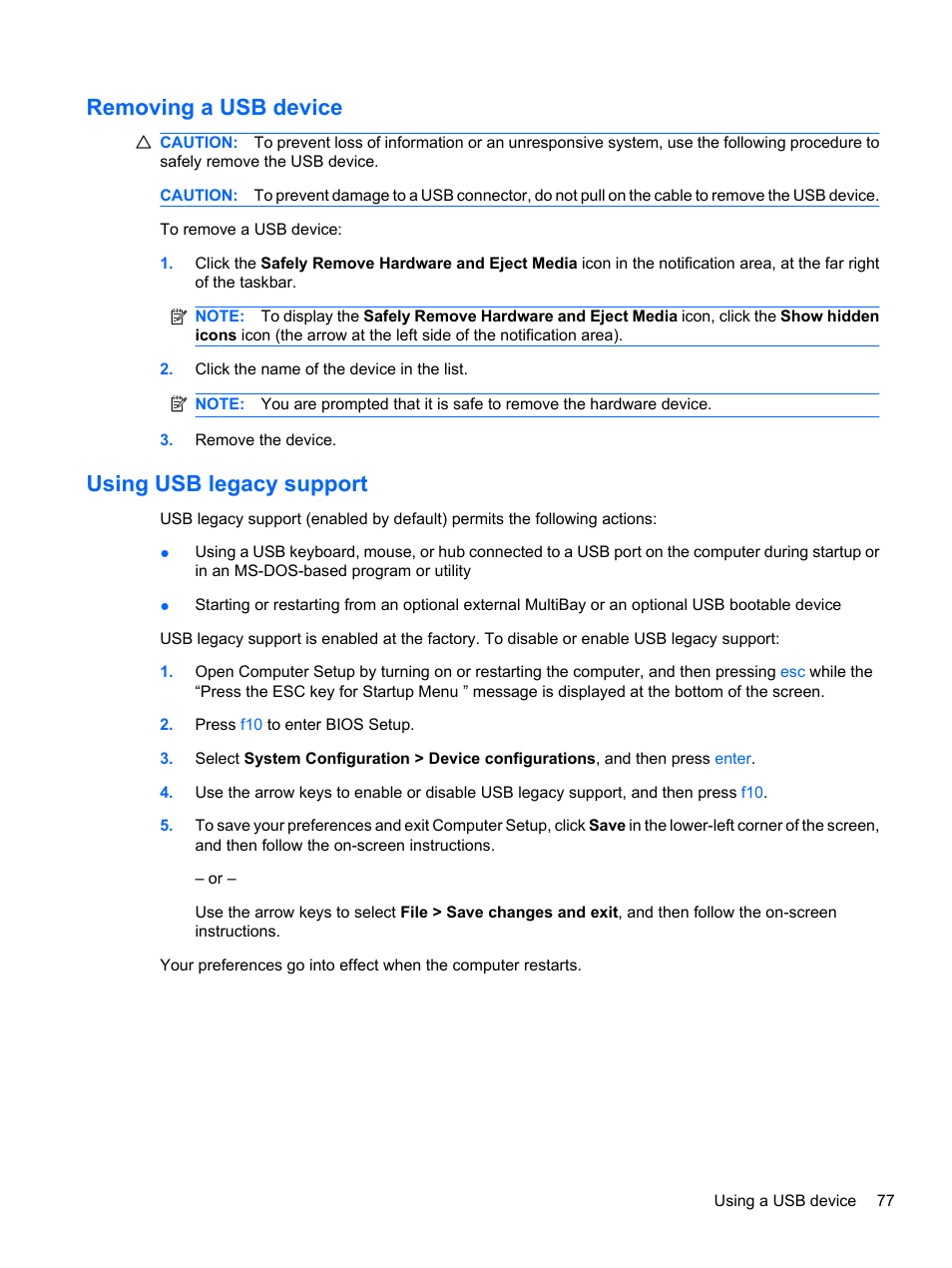 Removing a usb device, Using usb legacy support, Removing a usb device using usb legacy support | HP ProBook 5220m Notebook PC User Manual | Page 89 / 147