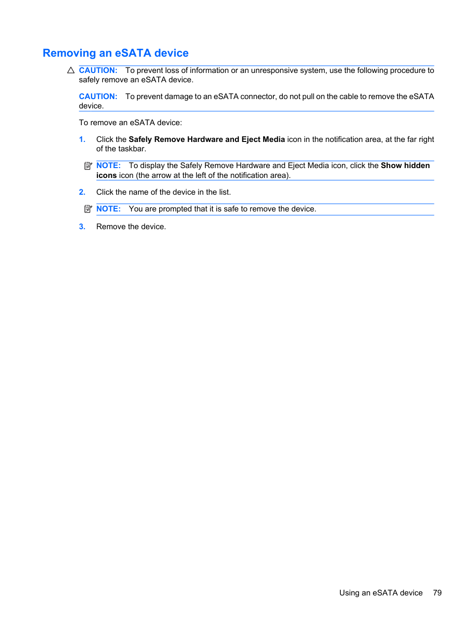 Removing an esata device | HP ProBook 5220m Notebook PC User Manual | Page 91 / 147