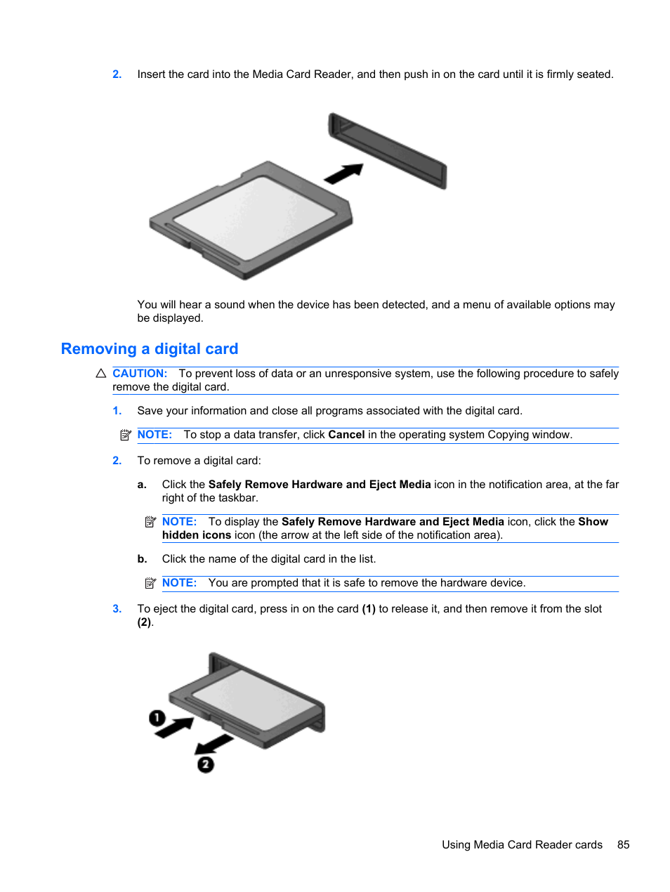 Removing a digital card | HP ProBook 5220m Notebook PC User Manual | Page 97 / 147