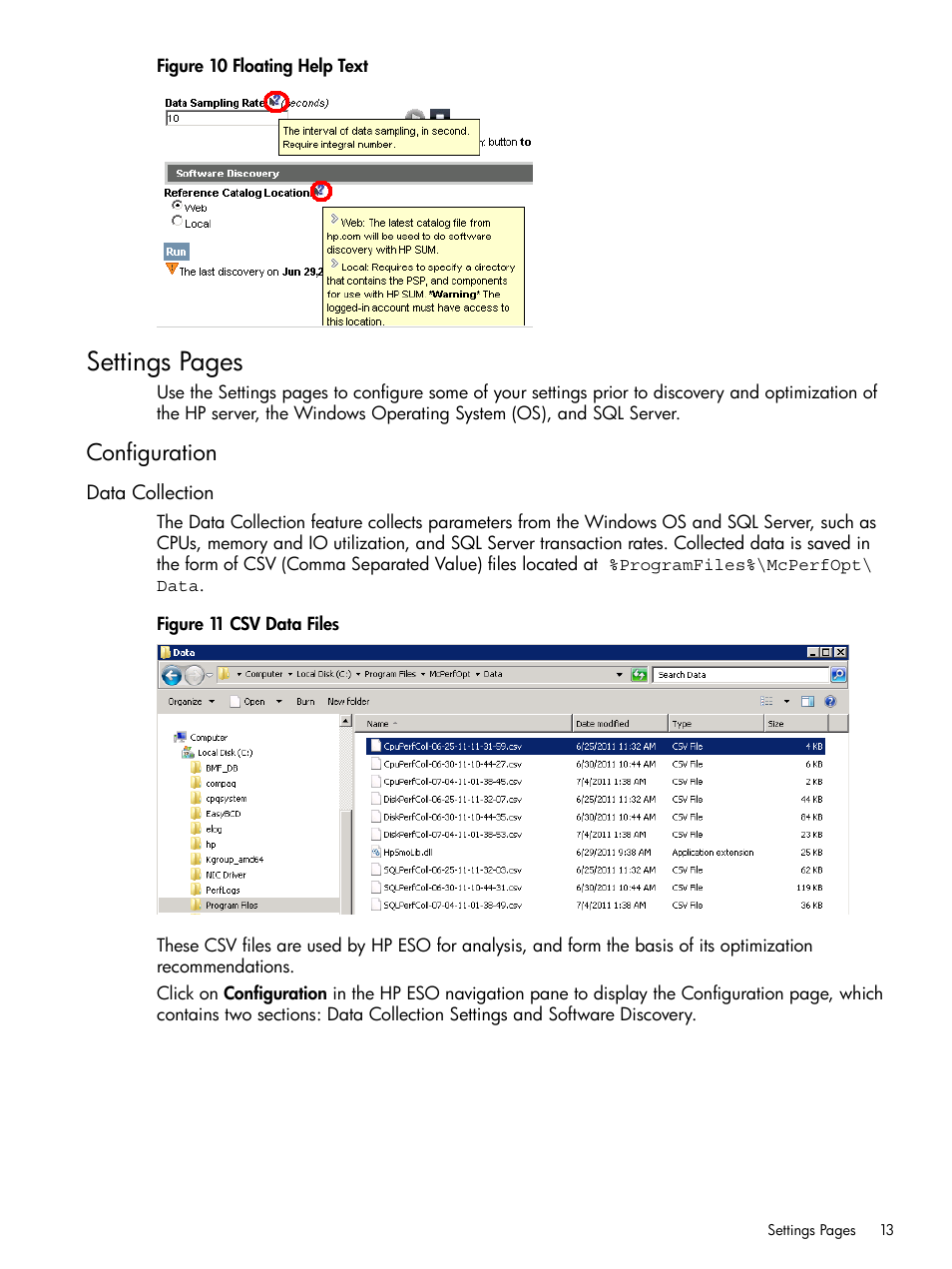 Configuration, Data collection, Settings pages | HP ProLiant DL980 G7 Server User Manual | Page 13 / 27