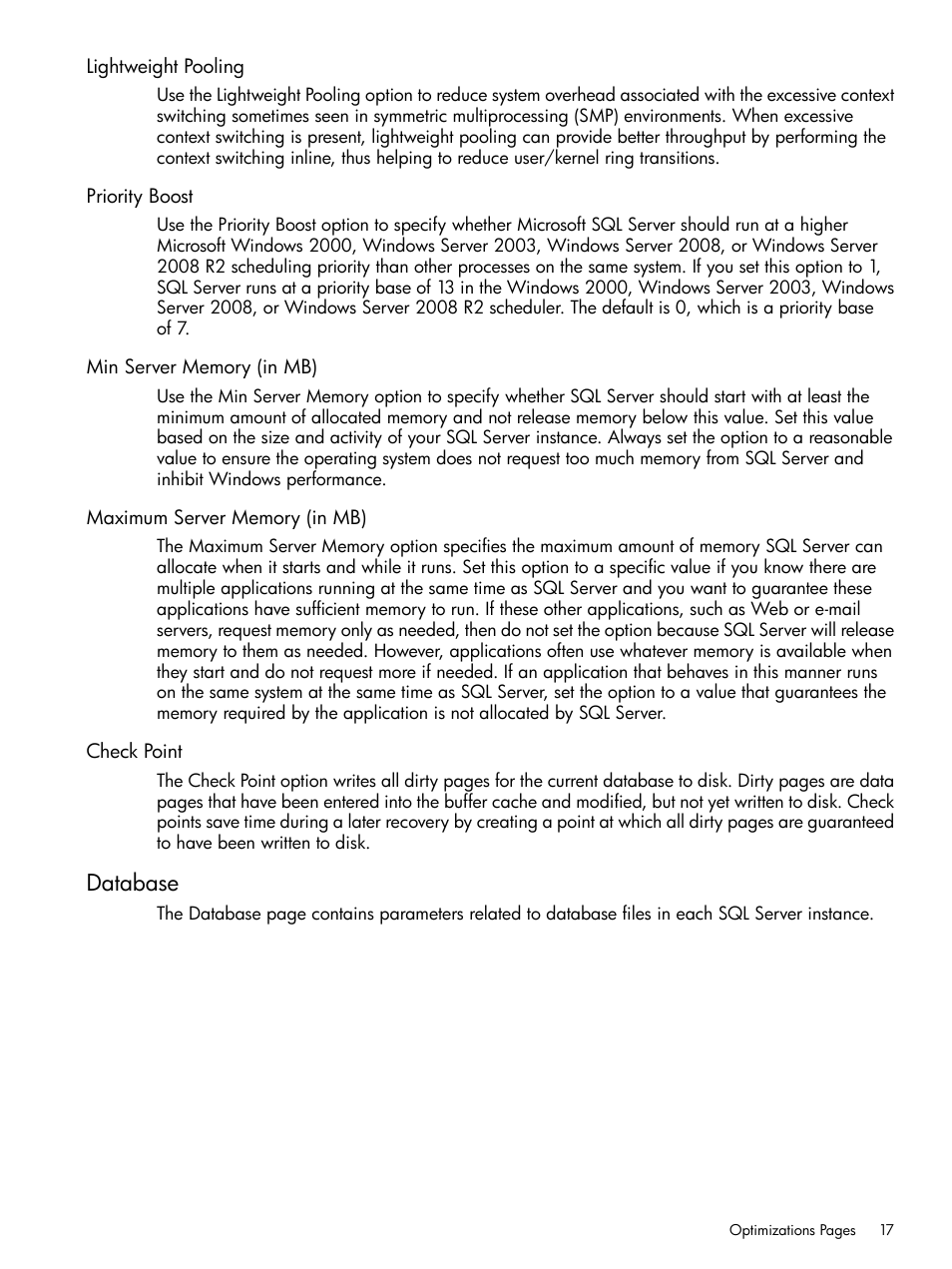 Lightweight pooling, Priority boost, Min server memory (in mb) | Maximum server memory (in mb), Check point, Database | HP ProLiant DL980 G7 Server User Manual | Page 17 / 27