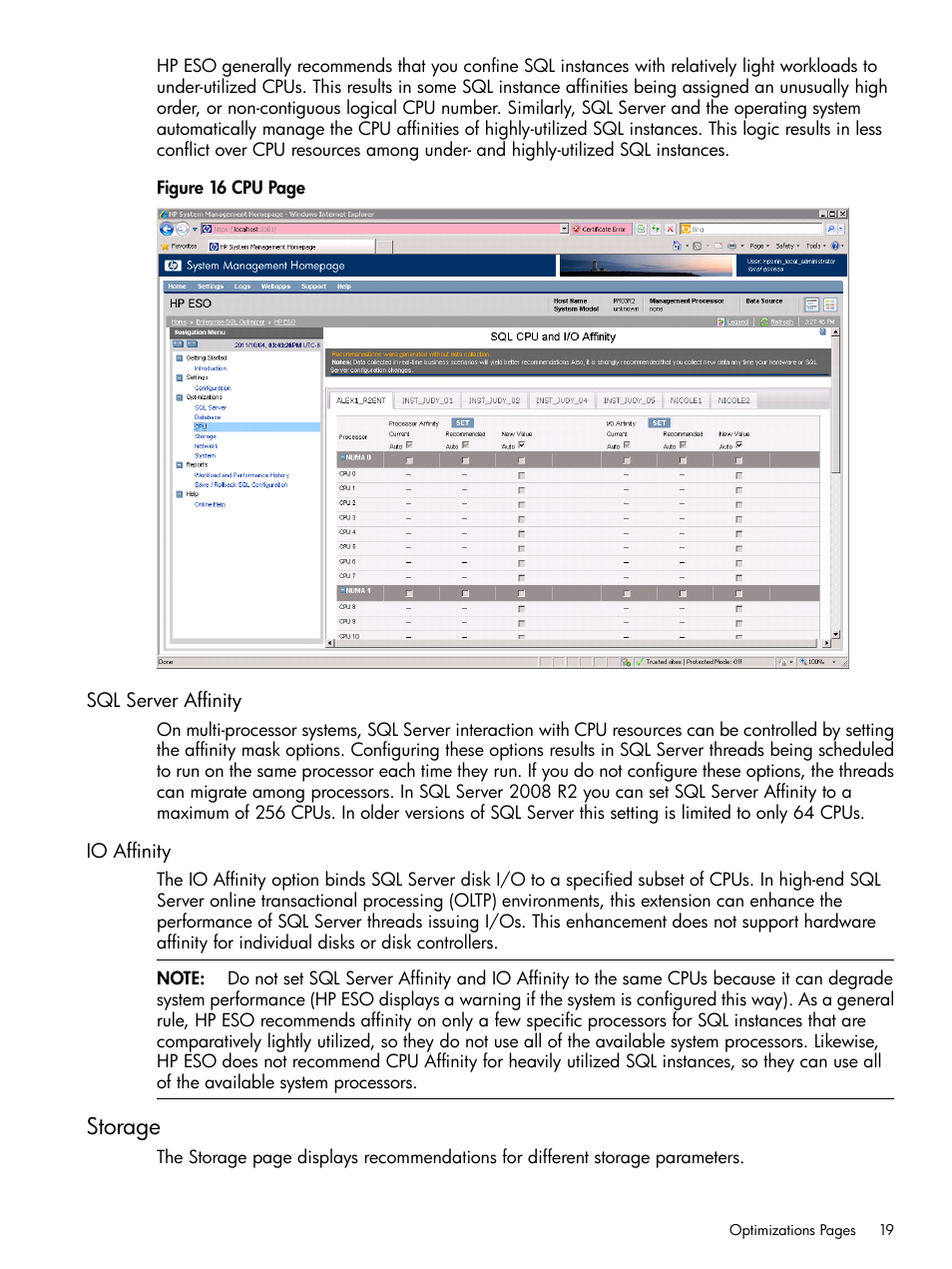 Sql server affinity, Io affinity, Storage | Sql server affinity io affinity | HP ProLiant DL980 G7 Server User Manual | Page 19 / 27