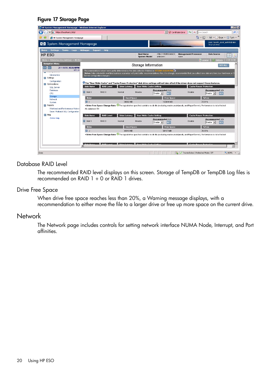 Database raid level, Drive free space, Network | Database raid level drive free space | HP ProLiant DL980 G7 Server User Manual | Page 20 / 27