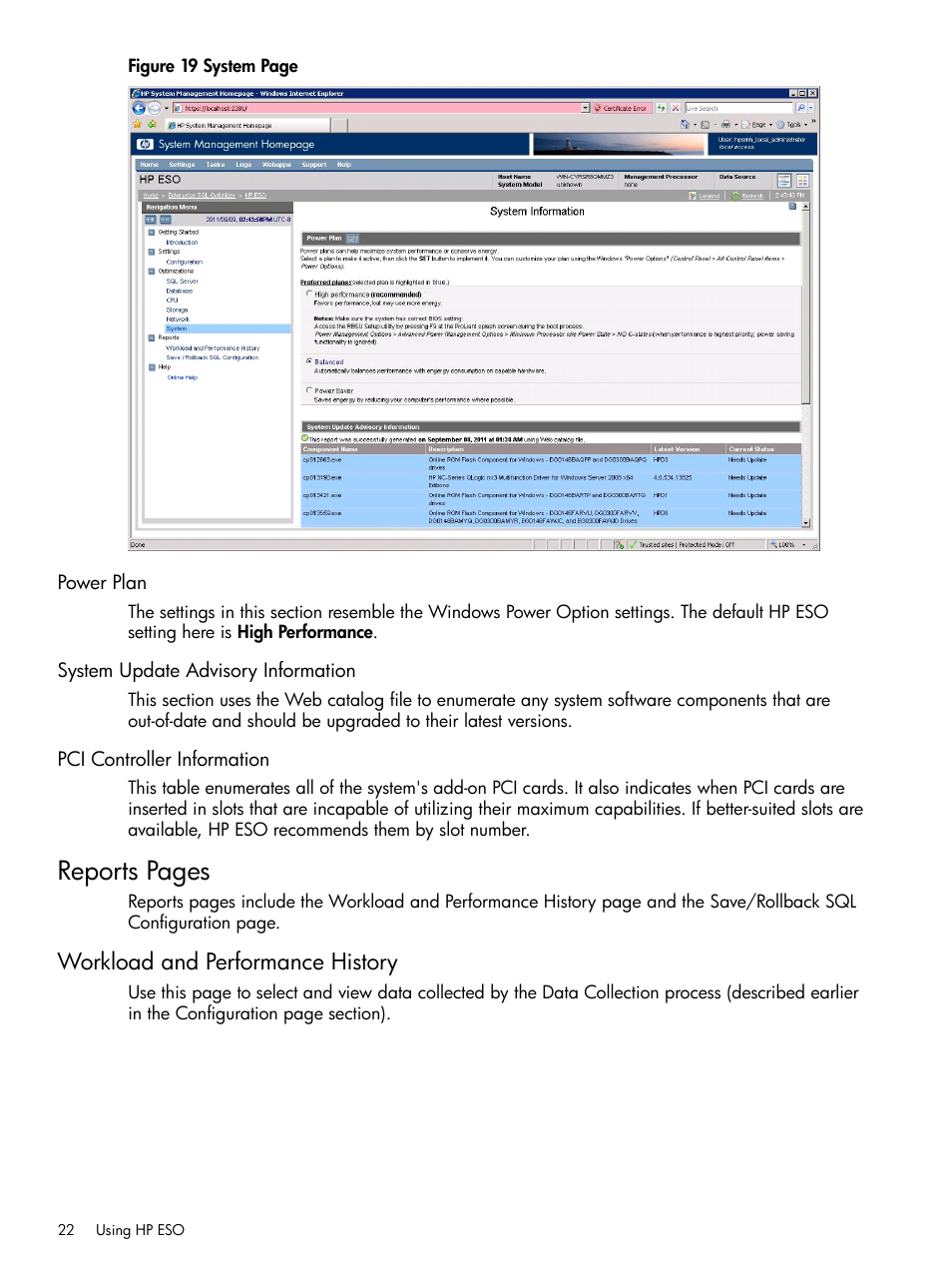 Power plan, System update advisory information, Pci controller information | Workload and performance history, Reports pages | HP ProLiant DL980 G7 Server User Manual | Page 22 / 27
