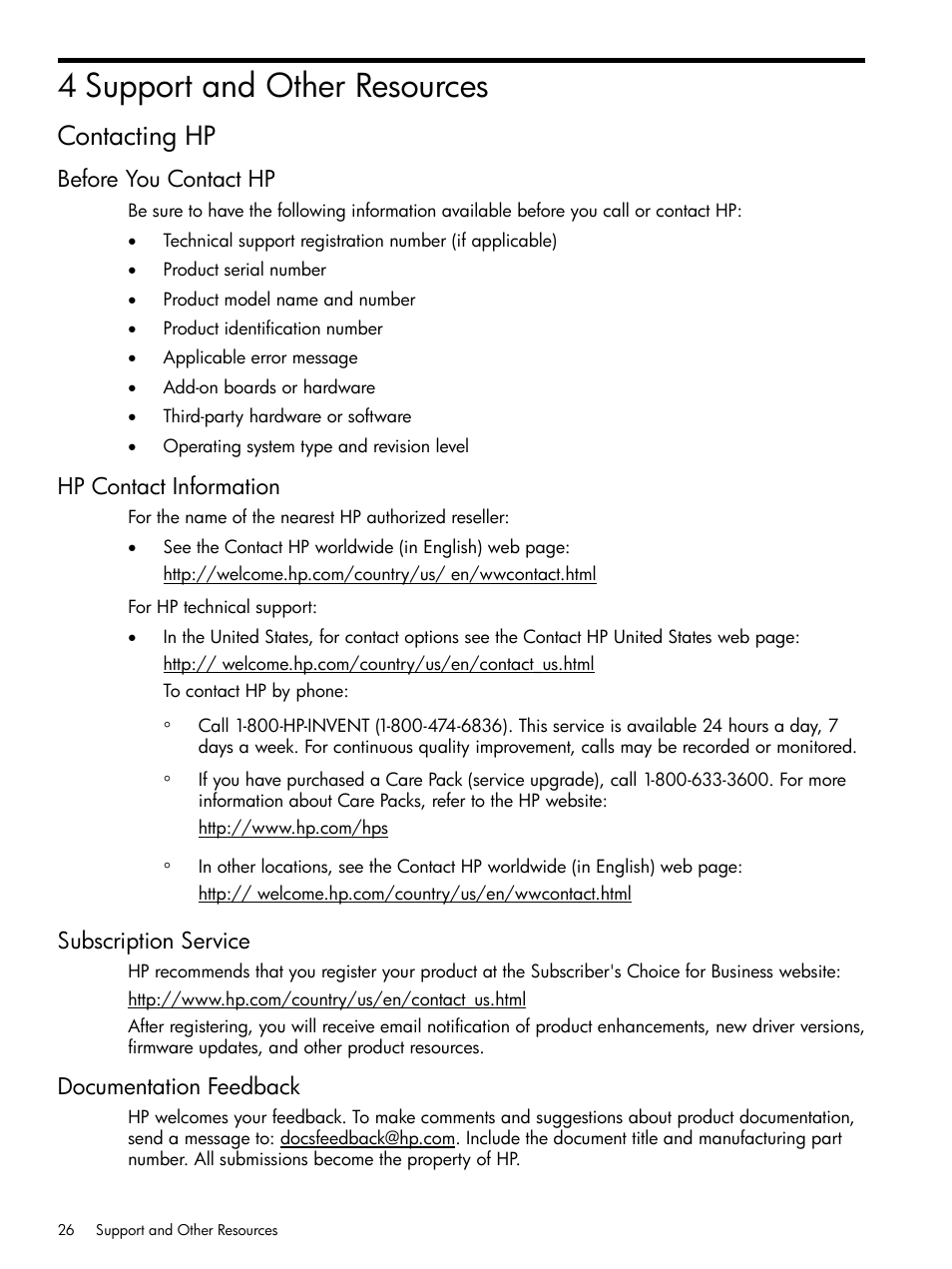 4 support and other resources, Contacting hp, Before you contact hp | Hp contact information, Subscription service, Documentation feedback | HP ProLiant DL980 G7 Server User Manual | Page 26 / 27