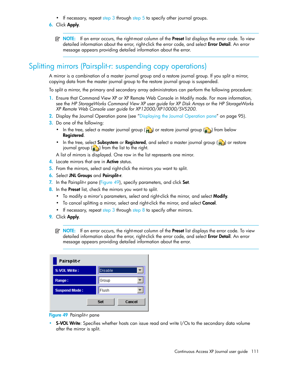 Figure 49 pairsplit-r pane, 49 pairsplit-r pane, Splitting mirrors (pairsplit-r: suspending copy | Operations) | HP StorageWorks XP Remote Web Console Software User Manual | Page 111 / 200