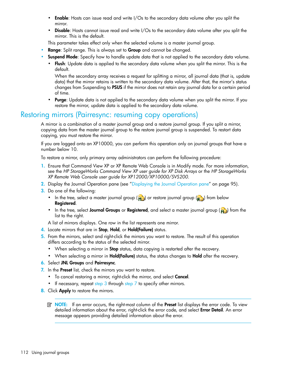 Restoring mirrors (pairresync: resuming copy, Operations) | HP StorageWorks XP Remote Web Console Software User Manual | Page 112 / 200