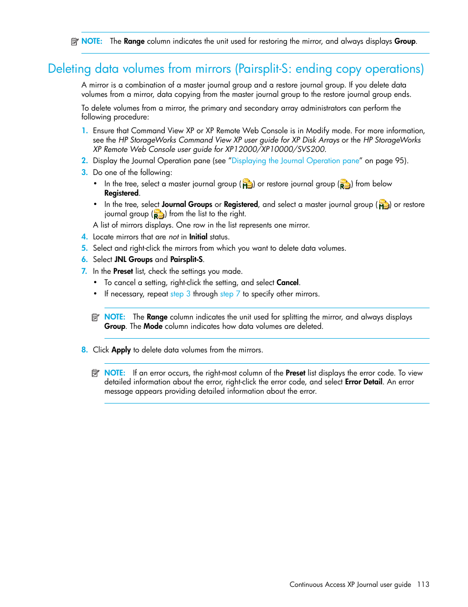 Copy operations), Deleting | HP StorageWorks XP Remote Web Console Software User Manual | Page 113 / 200