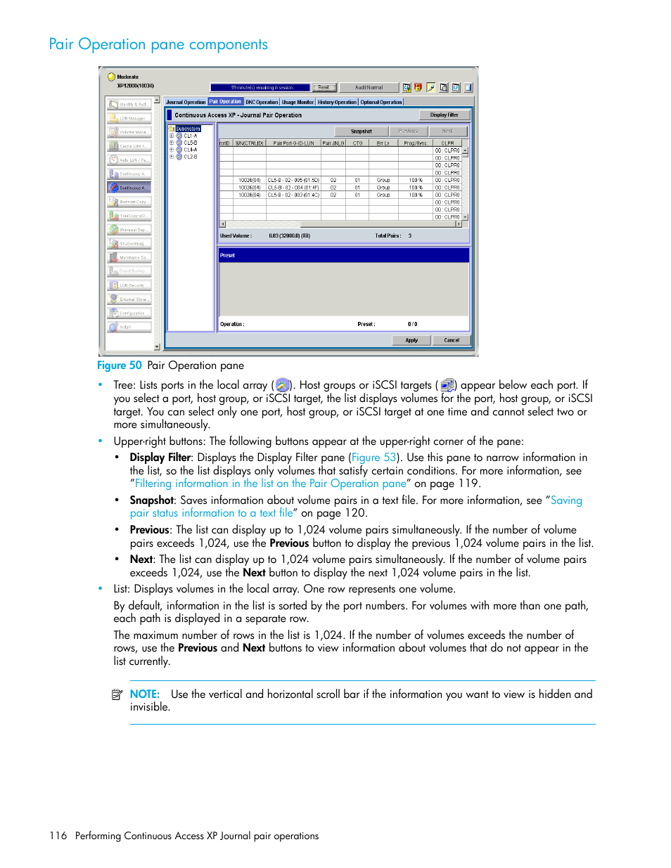 Pair operation pane components, Figure 50 pair operation pane, 50 pair operation pane | HP StorageWorks XP Remote Web Console Software User Manual | Page 116 / 200