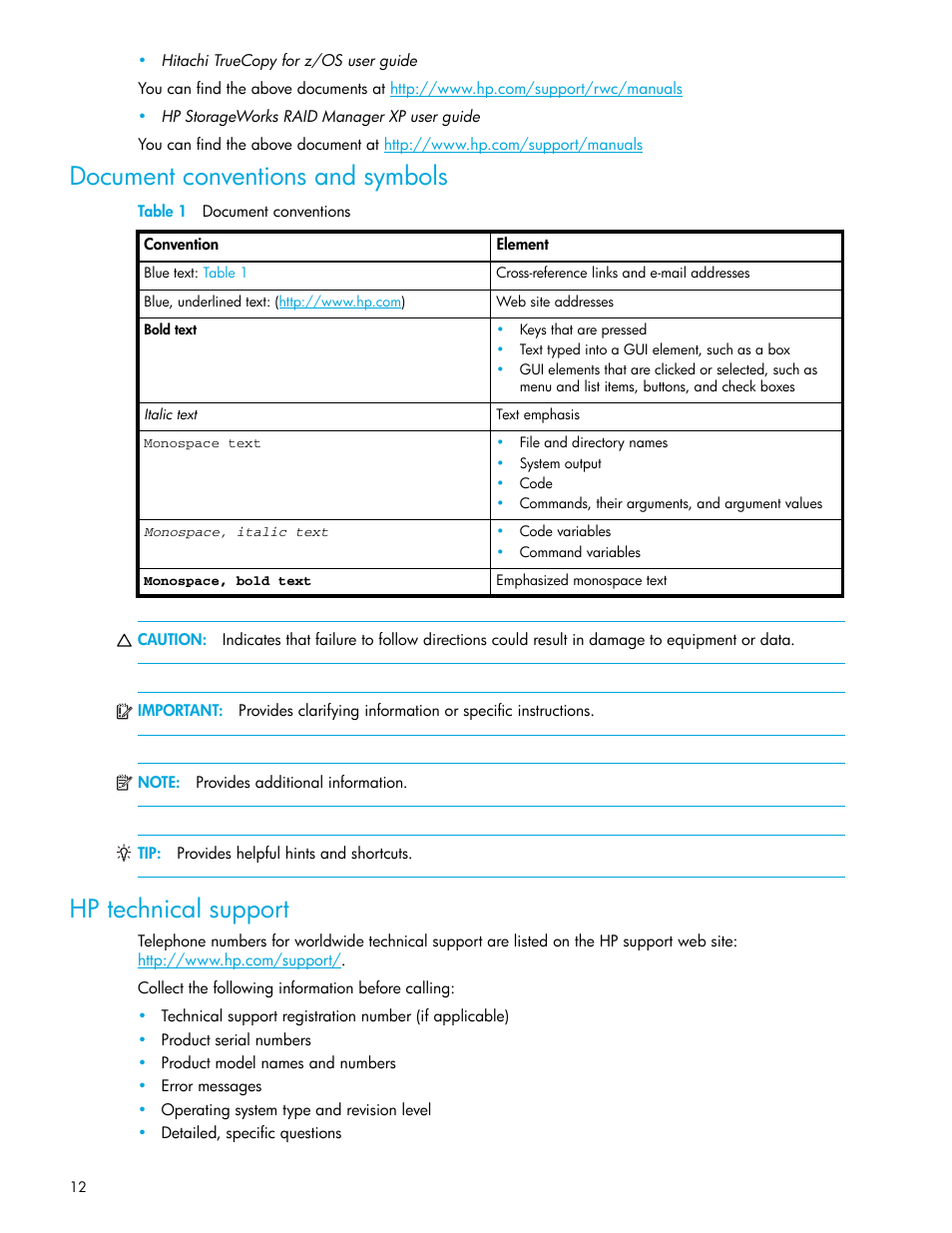 Document conventions and symbols, Table 1 document conventions, Hp technical support | 1 document conventions | HP StorageWorks XP Remote Web Console Software User Manual | Page 12 / 200