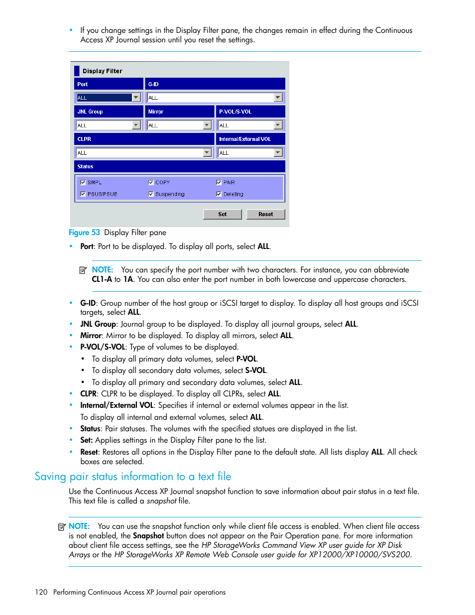 Figure 53 display filter pane, Saving pair status information to a text file, 53 display filter pane | Figure 53, Saving, Pair status information to a text file | HP StorageWorks XP Remote Web Console Software User Manual | Page 120 / 200