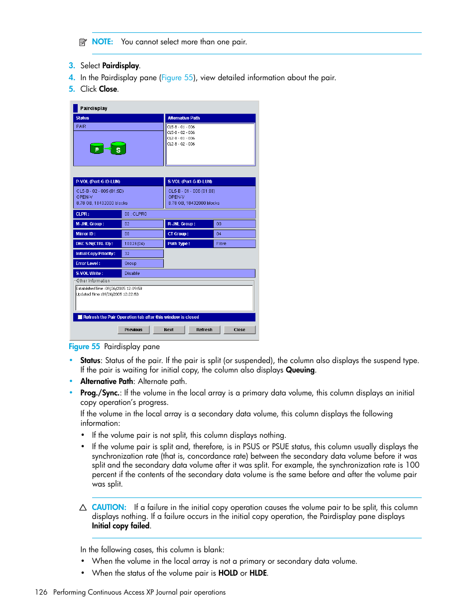 Figure 55 pairdisplay pane, 55 pairdisplay pane, Y pane | Figure 55 | HP StorageWorks XP Remote Web Console Software User Manual | Page 126 / 200