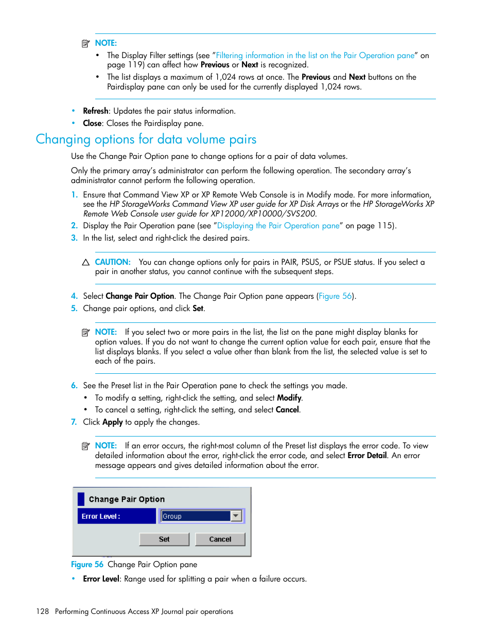 Changing options for data volume pairs, Figure 56 change pair option pane, 56 change pair option pane | HP StorageWorks XP Remote Web Console Software User Manual | Page 128 / 200