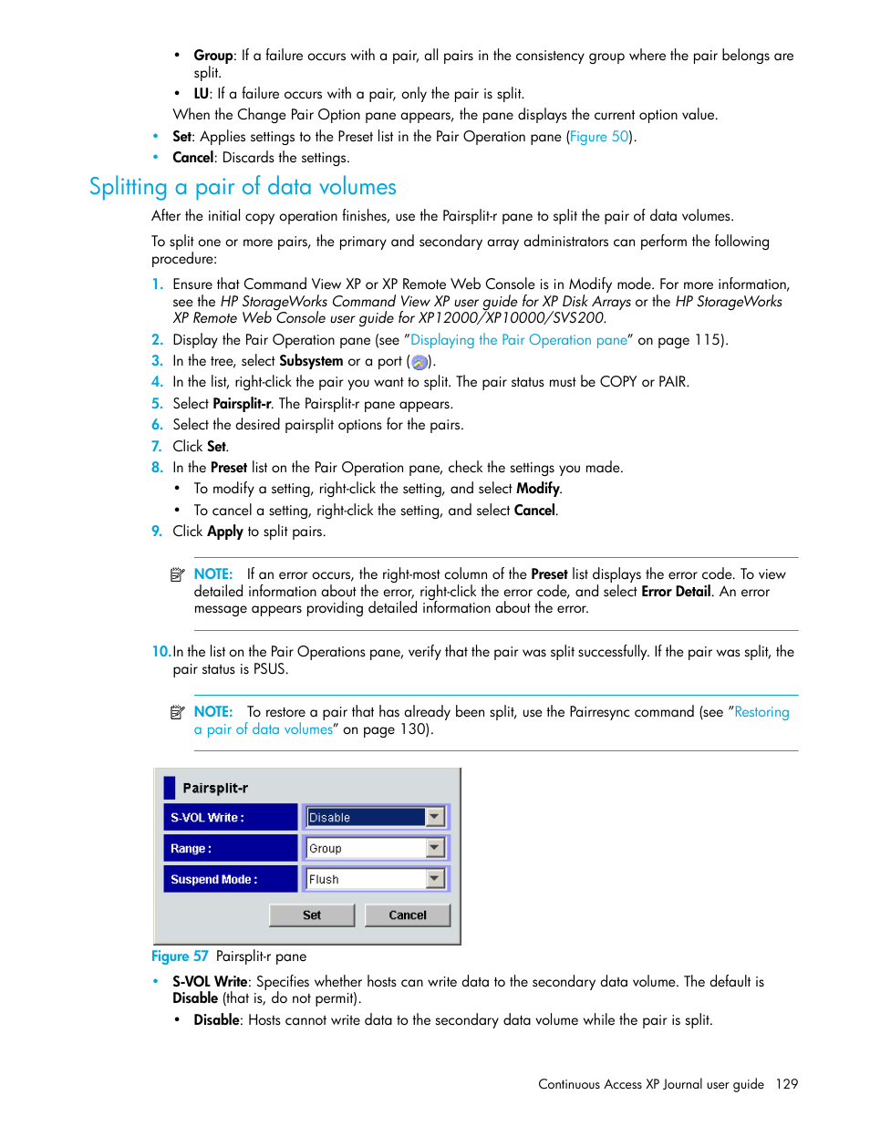 Splitting a pair of data volumes, Figure 57 pairsplit-r pane, 57 pairsplit-r pane | HP StorageWorks XP Remote Web Console Software User Manual | Page 129 / 200