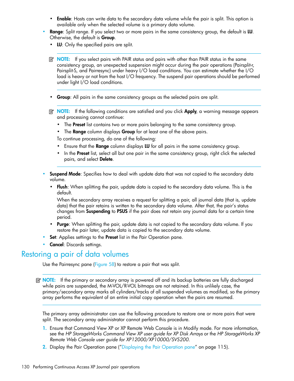 Restoring a pair of data volumes, Restoring, A pair of data volumes | HP StorageWorks XP Remote Web Console Software User Manual | Page 130 / 200