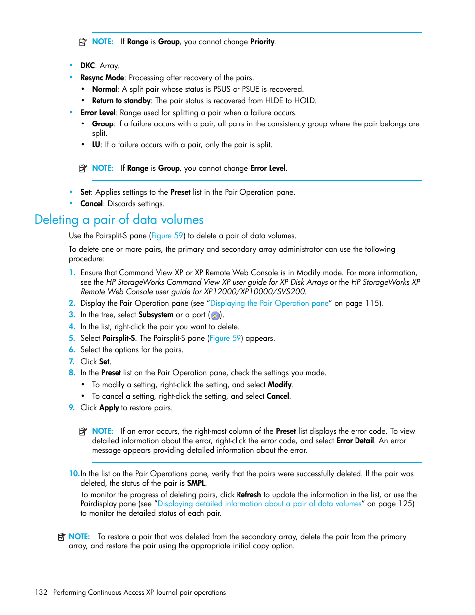 Deleting a pair of data volumes | HP StorageWorks XP Remote Web Console Software User Manual | Page 132 / 200