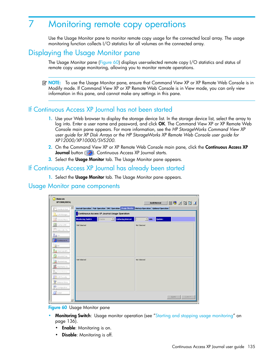 7 monitoring remote copy operations, Displaying the usage monitor pane, Usage monitor pane components | Figure 60 usage monitor pane, 60 usage monitor pane, Monitoring remote copy operations, Monitoring remote copy, Operations, 7monitoring remote copy operations | HP StorageWorks XP Remote Web Console Software User Manual | Page 135 / 200