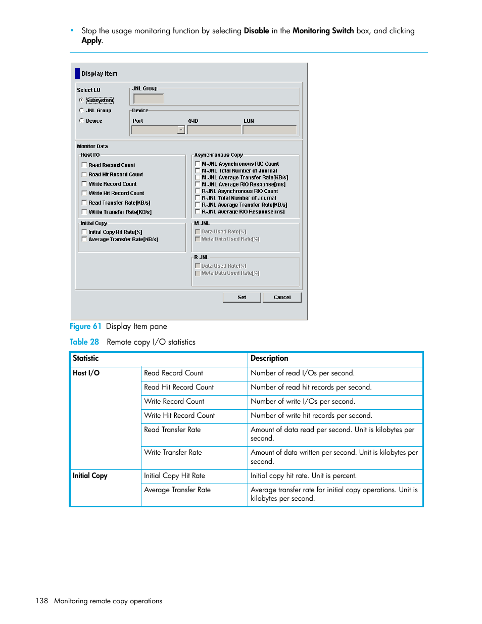 Figure 61 display item pane, Table 28 remote copy i/o statistics, 61 display item pane | 28 remote copy i/o statistics, Pane, Figure 61, Table 28 | HP StorageWorks XP Remote Web Console Software User Manual | Page 138 / 200