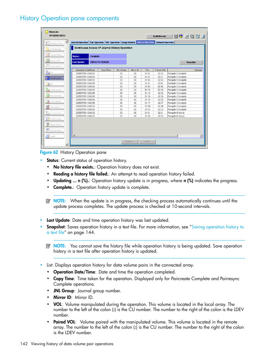 History operation pane components, Figure 62 history operation pane, 62 history operation pane | Figure 62 | HP StorageWorks XP Remote Web Console Software User Manual | Page 142 / 200