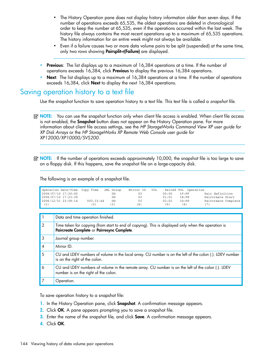 Saving operation history to a text file, Saving operation history to, A text file | HP StorageWorks XP Remote Web Console Software User Manual | Page 144 / 200