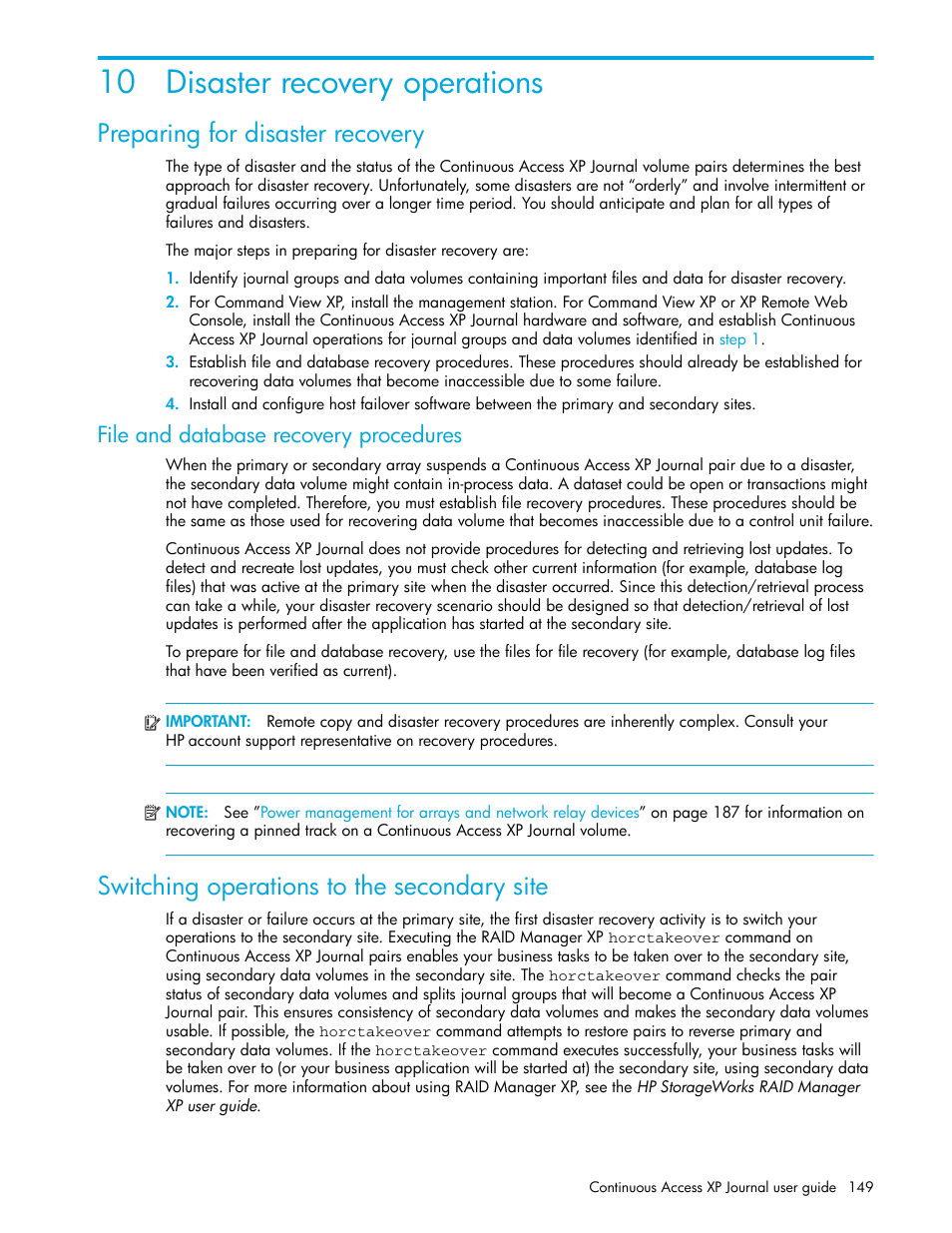 10 disaster recovery operations, Preparing for disaster recovery, File and database recovery procedures | Switching operations to the secondary site, 10disaster recovery operations | HP StorageWorks XP Remote Web Console Software User Manual | Page 149 / 200