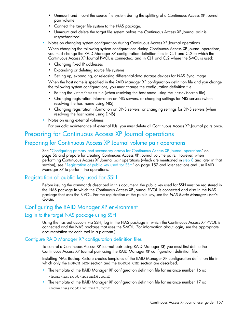 Registration of public key used for ssh, Configuring the raid manager xp environment, Log in to the target nas package using ssh | HP StorageWorks XP Remote Web Console Software User Manual | Page 157 / 200